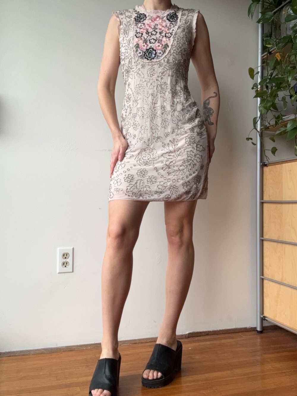 Needle & Thread cream beaded high neck mini dress - size 6